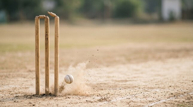 Stock image of a cricket ball creating a dust impact effect as it bounces on a dry cricket pitch