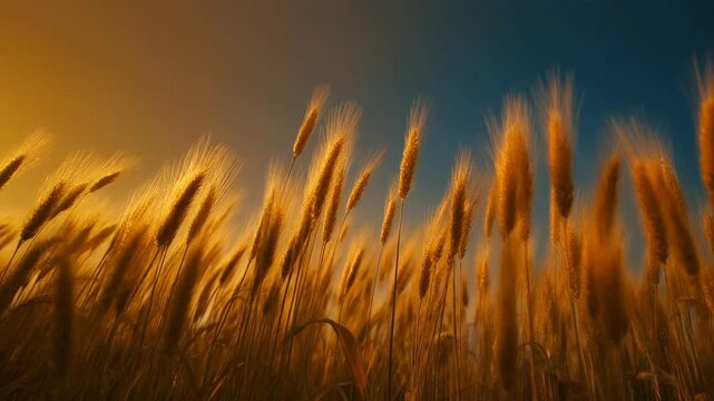 Golden wheat field in sunset light.