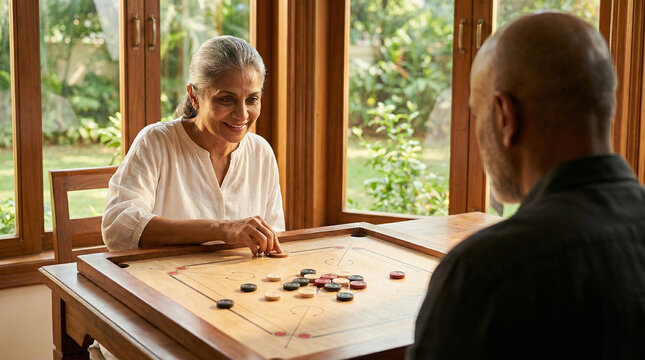 Senior Indian Couple Playing Traditional Carrom Game At Home generative ai