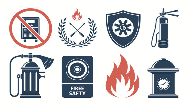 Fire safety icons including fire extinguishers and warning signs isolated on white background