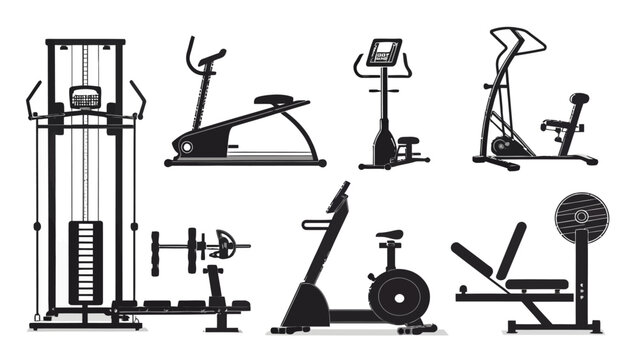 Collection of various gym equipment on white background for fitness