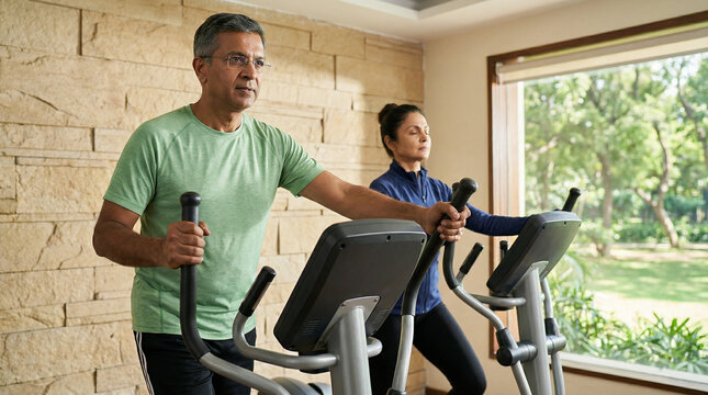 Senior Indian Couple Exercising On Elliptical Machines In Modern Gym generative ai