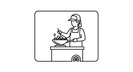 Naklejka premium Street Food Vendor Cooking Asian Cuisine on Cart with Wok