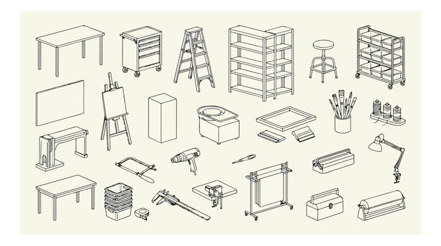 Isometric workshop furniture and art studio equipment set, 25 line art icons of craft tools and maker space interior elements, technical vector illustration