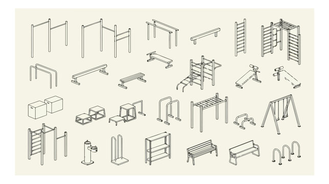Isometric street workout equipment vector set, outdoor gym fitness station icons, calisthenics park training apparatus collection for urban planning