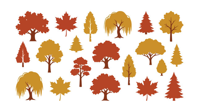 Autumn tree silhouettes in orange and gold, set of 20 fall foliage vector icons, decorative forest plant elements for seasonal landscape design