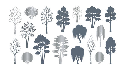 Minimalist tree silhouettes and line art icons, set of 18 deciduous and coniferous tree vectors, gray forest plant collection for architectural site plans © I'm_coming