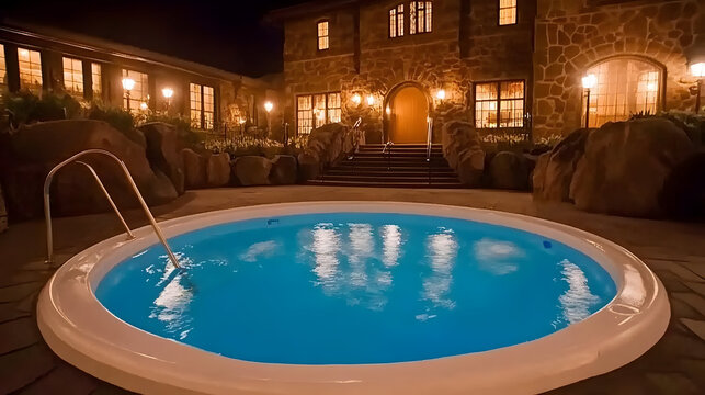 Luxury outdoor hot tub at night, illuminated round jacuzzi spa pool, elegant stone mansion backyard with warm lighting