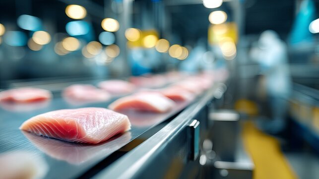 Industrial food processing line with raw fish fillets moving along a conveyor belt, modern seafood factory interior, clean stainless steel machinery, 