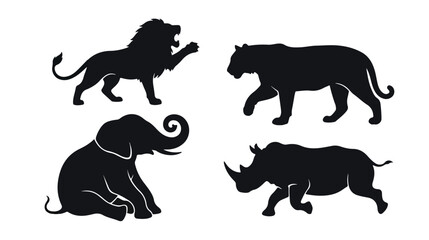 African safari animal silhouettes, black lion and tiger vector set, elephant and rhinoceros wildlife icons, 4 wild animal silhouettes © I'm_coming
