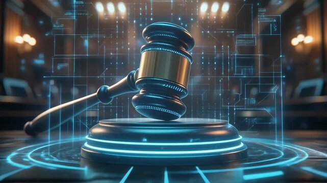 Judge&rsquo;s gavel fused with digital holograms symbolizes modern justice, cyber law, and technological transformation in legal systems worldwide