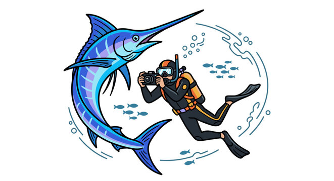 Scuba diver taking photos of a large marlin fish underwater