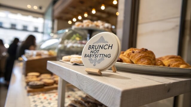 Brunch Not Babysitting Sign Displayed at a Cozy Bakery Cafe