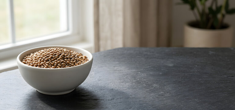 Horse Gram Lentils in White Bowl on Dark Slate Table with Copy Space