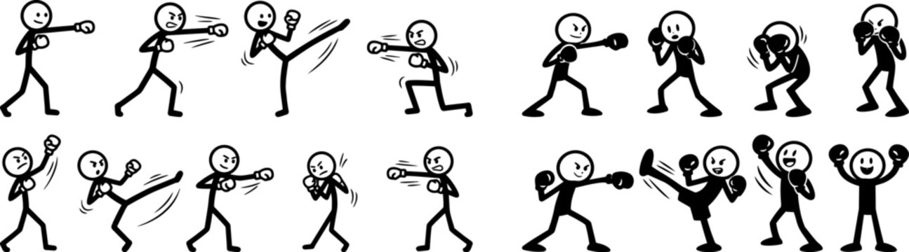 Stickman boxing and kickboxing vector set. Cartoon martial arts characters in fighting poses