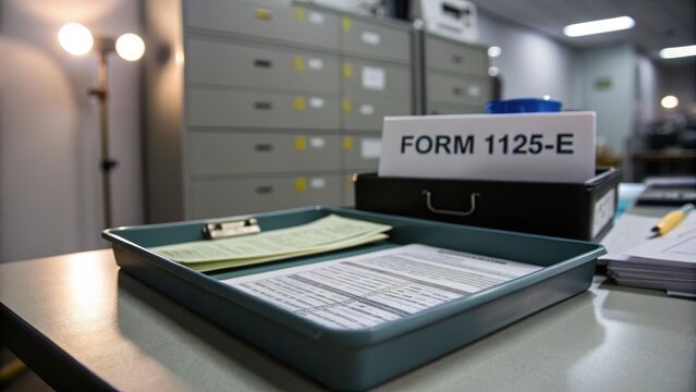 Form 1125-E Document on Office Desk with Filing Cabinets in Background