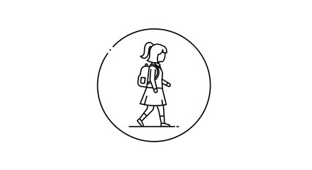 Fototapeta premium School Girl Walking with Backpack Icon, Outline Style, Isolated on White Background