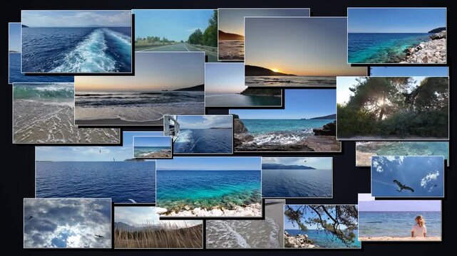 Scenic travel screens move through layered depth in a dynamic digital collage, creating an immersive modern background for tourism, technology and multimedia projects.