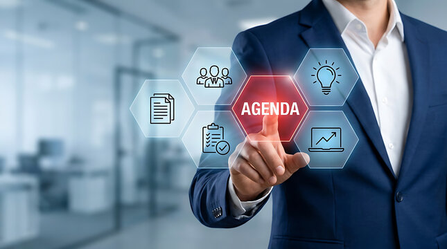 Businessman touching digital holographic interface with agenda text and business planning icons in modern office