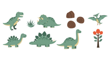 Collection of green cartoon dinosaurs and prehistoric nature elements © bima