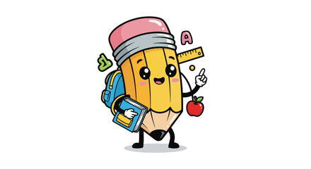 Fototapeta premium Happy pencil character with backpack and school supplies