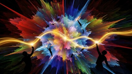 Obraz premium Abstract colorful explosion with human silhouettes and glowing golden light path for creative social connection concept