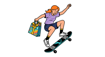 Fototapeta premium Young girl jumping on skateboard carrying a colorful gift bag