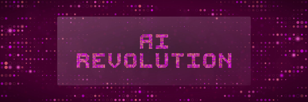 AI Revolution Digital Text Concept with Pixelated Typography and Purple Data Background for Technology Presentations
