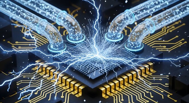 High performance computer chip with glowing blue energy pulses and digital cooling systems for supercomputing