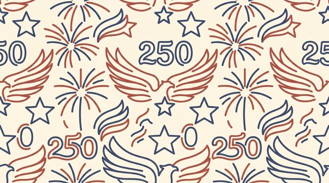 Seamless patriotic vector pattern for USA 250th anniversary with stars fireworks
