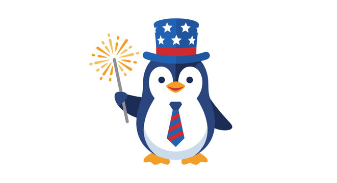 Cute penguin holding sparkler wearing patriotic top hat and tie.