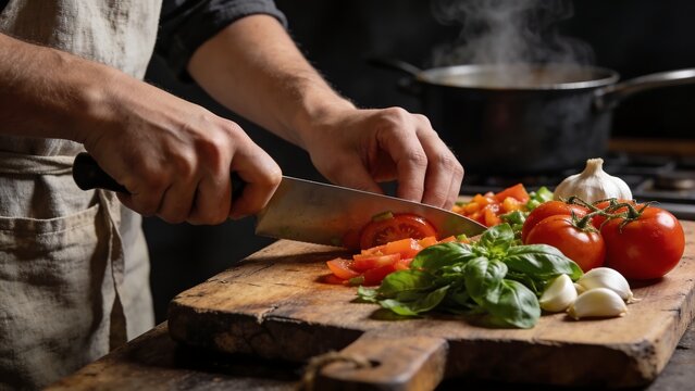 Chef Cutting Fresh Tomatoes on Wooden Board for Italian Sauce
