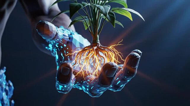 Robotic hand holding a green plant with glowing golden roots for sustainable technology concept