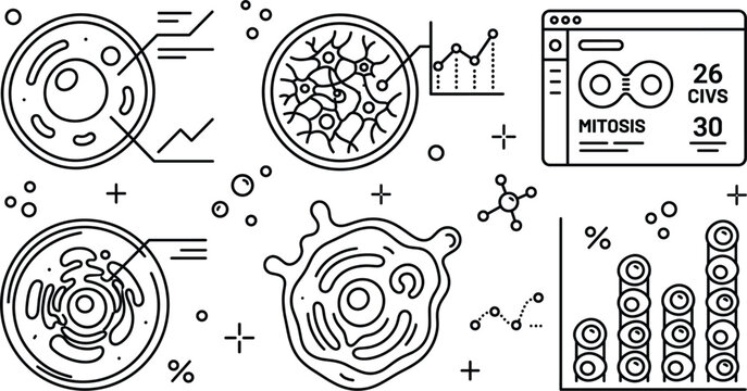 Biological Cell Mitosis and Laboratory Data Analytics Icon Set for Scientific Research Designs