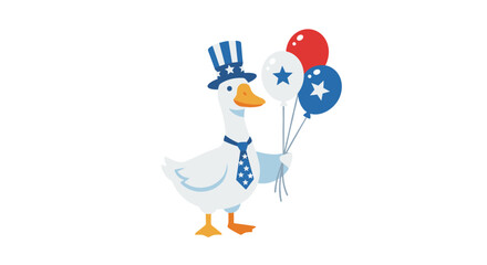 Fototapeta premium Goose mascot wearing patriotic top hat holding balloons.