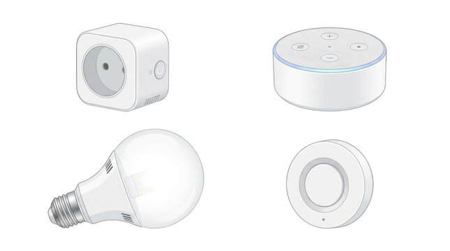 Essential smart home devices set featuring a power plug a voice assistant speaker an LED bulb and a security sensor for modern living transparent background