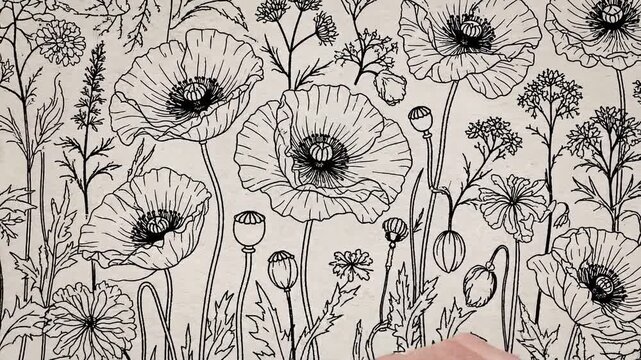 Black and white poppy flower drawing.