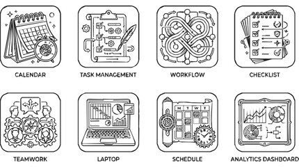 Fototapeta premium business and productivity management concepts illustrated with line art icons for essential task checklists and analytics.