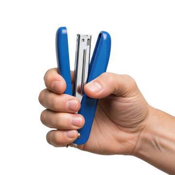 Human hand holding an open blue office stapler on transparent background