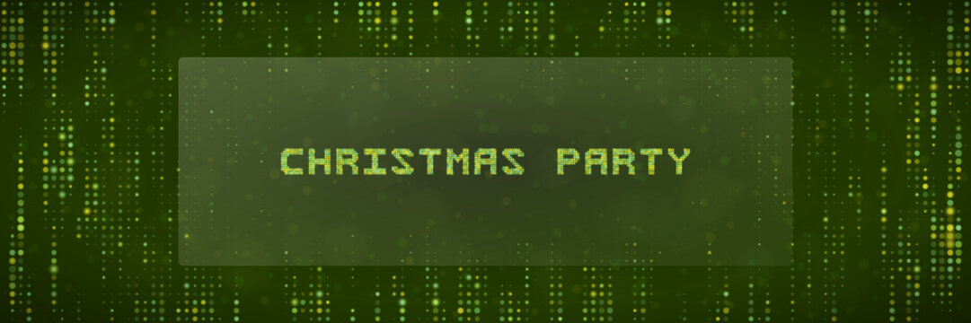 Digital Christmas Party Invitation Background with Matrix Style Green Pixelated Text and Abstract Data Stream