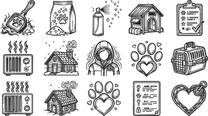 Naklejka na ściany i meble pet care animal welfare dog essentials and cat supplies vector icons illustrating pet ownership and home comfort for animals.
