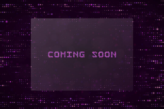 Coming Soon Digital Text Overlay on Abstract Purple Pixelated Background for Website Launch and Tech Landing Page