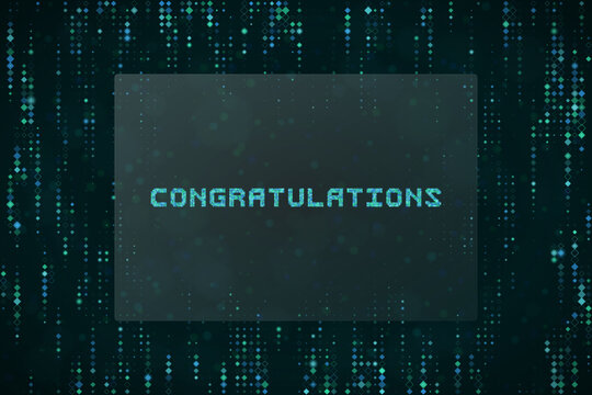 Digital Congratulations Background with Matrix Style Binary Code Data Stream for Tech Achievement Celebration