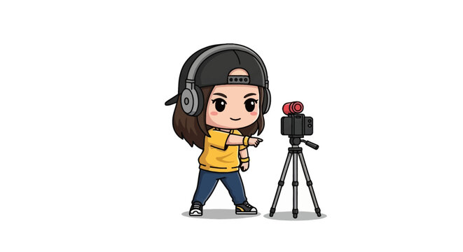 Chibi girl dancer wearing headphones and backwards cap filming video content on camera with tripod. Cartoon character in yellow shirt pointing at lens on white background.