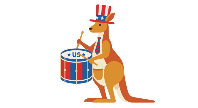 Kangaroo playing drum in patriotic costume.