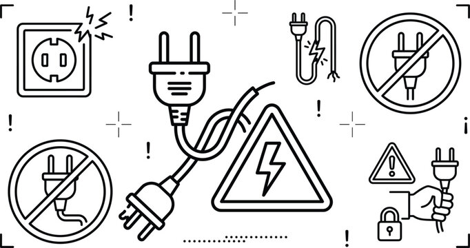 Electrical Safety Hazard and Damaged Power Plug Icon Set for Work Industrial Warnings