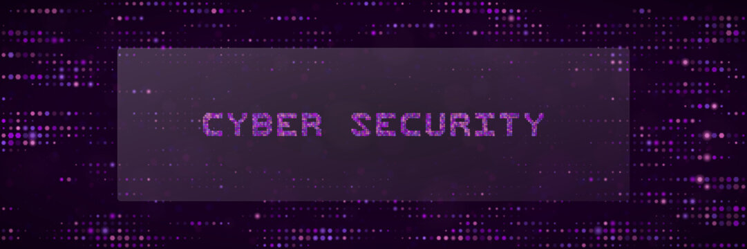 Cyber Security Digital Concept Background with Purple Pixelated Text and Data Network Pattern for Tech Presentations