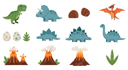 Cute prehistoric dinosaur collection with erupting volcanoes © bima
