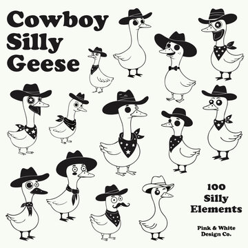 Set of cute silly cowboy geese cartoon characters
