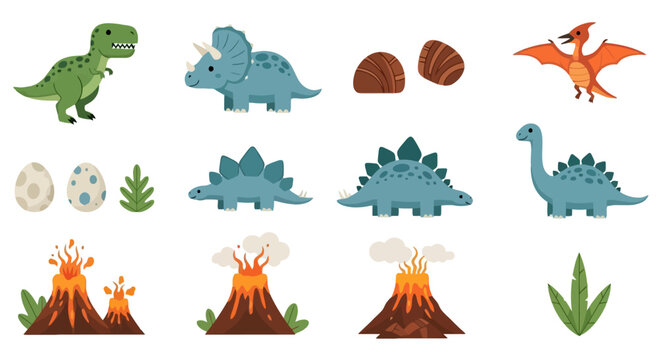 Cute prehistoric dinosaur collection with erupting volcanoes